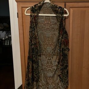 Bohemian Long Vest.Sheer with Burnout Velvet.Paisley Botanical Motif, Multicolor